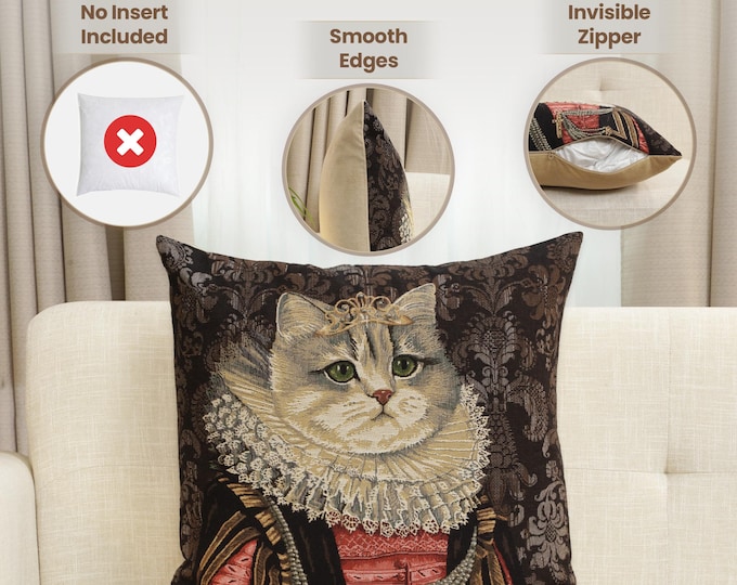 Cat With Crown Pillow Cover: Jacquard Woven Cotton Cushion Case