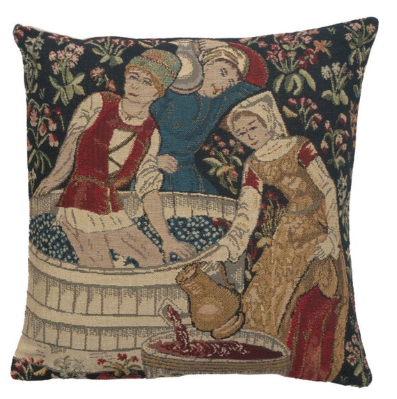 Woven Tapestry Pillow Cover: Vintage Grape Harvest Design (16x16 inch)