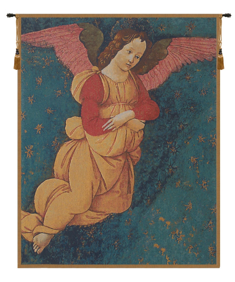May include: A tapestry featuring a painting of an angel with pink wings, wearing a red and yellow robe, kneeling on a blue and green background with gold stars.