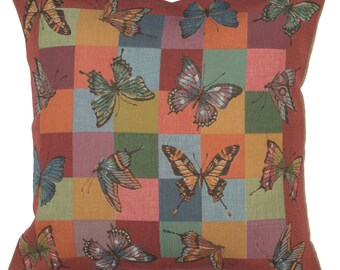 Butterflies Print French Tapestry Cushion Covers - Square Gobelin Cushion Cover - 19x19 Decorative Pillow Covers - Throw Sofa Pillow Cover