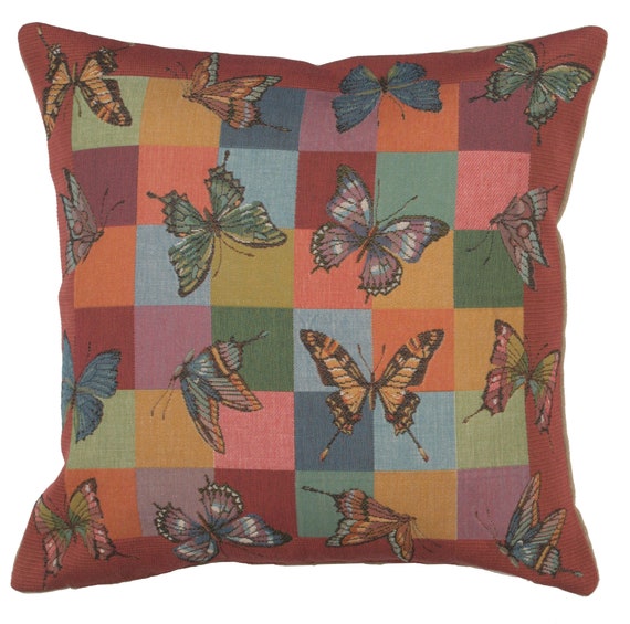Butterflies Print French Tapestry Cushion Covers - Square Gobelin Cushion Cover - 19x19 Decorative Pillow Covers - Throw Sofa Pillow Cover