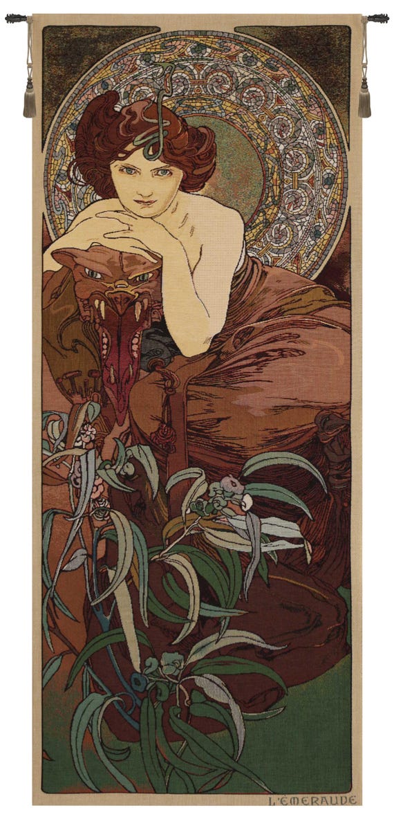 Art Nouveau Emerald Tapestry - Mucha's Precious Stones Series, Belgian Jacquard Wall Hanging