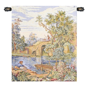 Fishing at the Lake Tapestry: Italian Jacquard Woven Wall Art (18x16 inch)