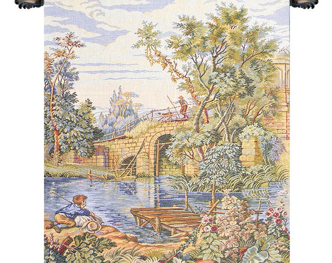 Fishing at the Lake Tapestry: Italian Jacquard Woven Wall Art (18x16 inch)