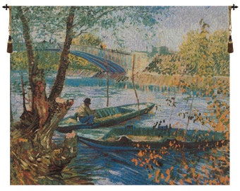 Angler and Boat at Pont de Clichy European Wall Tapestry - Van Gogh Art - Jacquard Tapestry Wall Décor Art - Home Décor Woven Wall Hanging