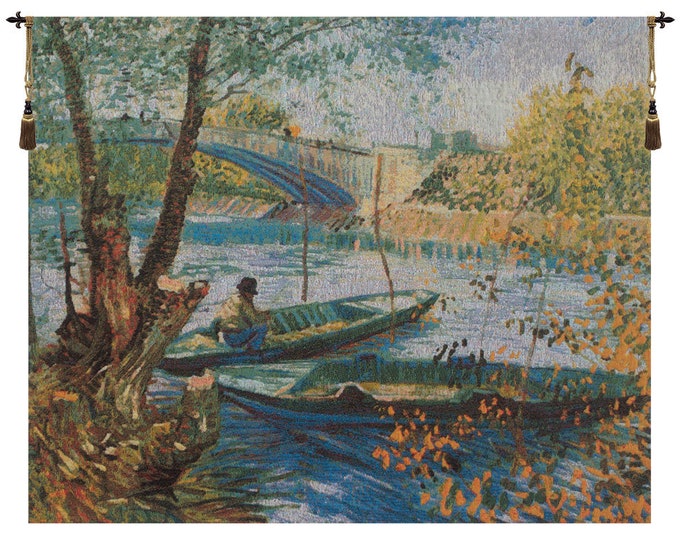 Van Gogh Tapestry: Angler and Boat at Pont de Clichy, Woven Wall Art