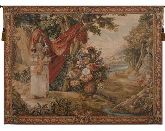 Bouquet Au Drape Fontaine with People European Wall Tapestry - Landscape Wall Hanging - Woven French Wall Tapestry - Flower Bouquet Wall Art