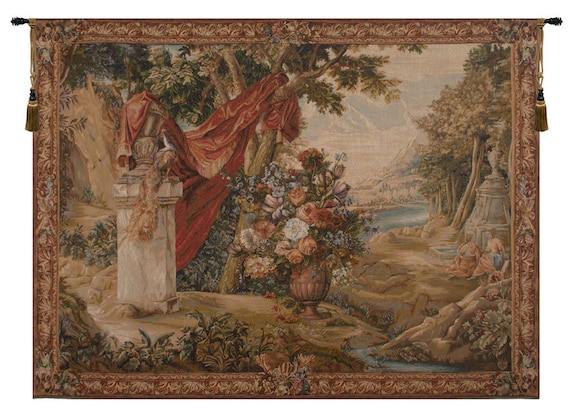 French Woven Wall Tapestry: Bouquet Au Drape Fontaine, European Landscape (58x78 inch)