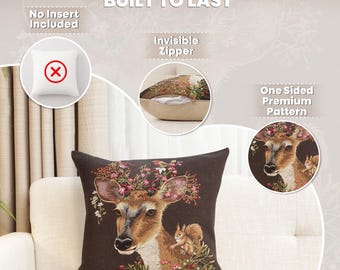 Elegant Forest Deer Brown Tapestry Pillow Cover 18x18 inch Inch, Belgian Woven Cushion Cover, Rustic Decor Throw Pillow Case