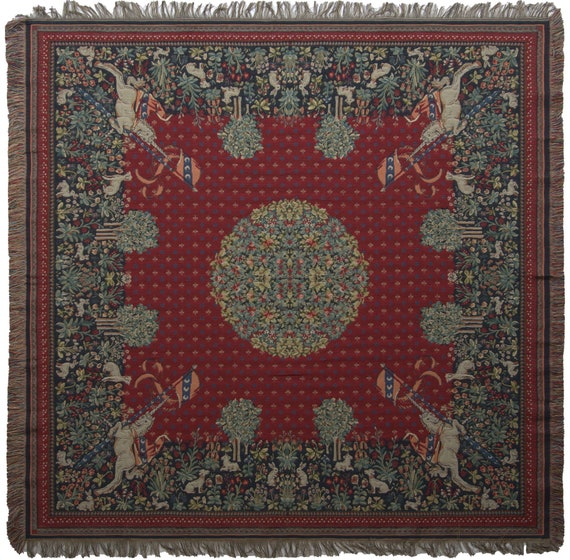 Unicorn Tapestry Throw Blanket: Belgian Woven Medieval Decor
