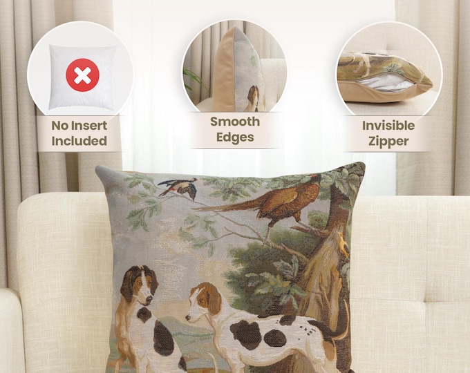 Hunting Dog Tapestry Pillow Cover: French Jacquard Woven Cushion, 19x19 inch