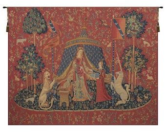 Le Desir Clair European Tapestry Wall Hanging - Mille Fleurs Background Wall Art - Lady and the Unicorn Wall Hanging - Woven Wall Décor Art