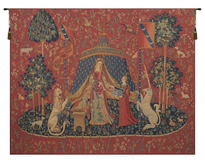 Le Desir Clair European Tapestry Wall Hanging - Mille Fleurs Background Wall Art - Lady and the Unicorn Wall Hanging - Woven Wall Décor Art