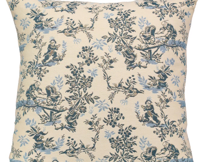 French Toile de Jouy Pillow Cover, Jacquard Woven Cotton, 19x19 Blue White