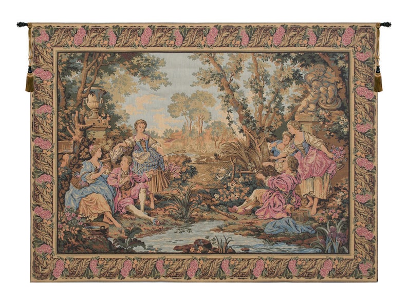 Gallantries European wall tapestry with Rococo garden scene Belgian woven wall hanging French vintage art classical home decoration
