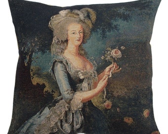 Marie Antoinette In Blue II European Tapestry Cushion Covers - Gobelin Woven Sofa Pillow Covers - 18x18 Decorative Throw Pillow Covers