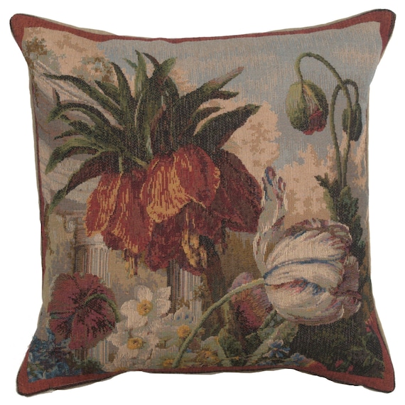 Fleur Exotique European Tapestry Pillow Cover 19x19 inch Inch, Woven Floral Cushion Cover, Decorative Throw Pillow Case for Couch or Sofa