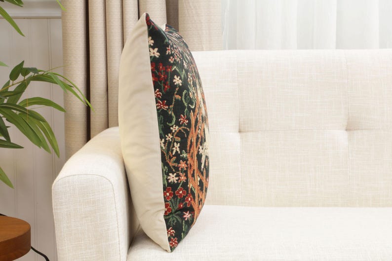 Belgian Woven Unicorn Millefleurs Tapestry Pillow Cover 16x16 Inch - Fantasy Home Decor Cushion Gift image 3