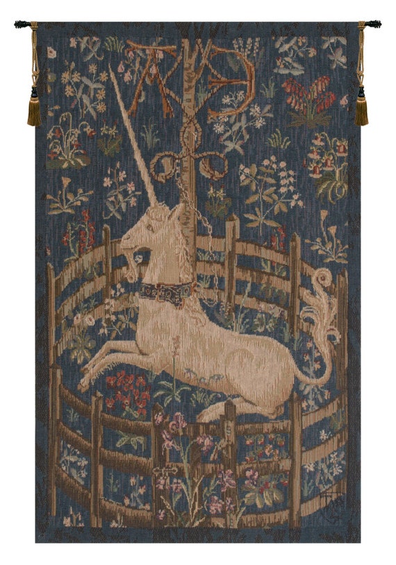 Captive Unicorn Tapestry: French Medieval Millefleurs Wall Art (29x19 inch)