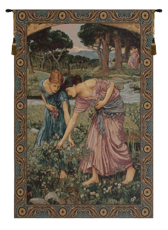 Gathering Rose Buds Tapestry: John William Waterhouse Art, Woven in Italy (54x36 inch)