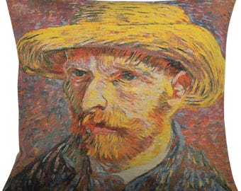 Van Gogh's Self Portrait with Straw Hat Belgian Tapestry Square Throw Pillow covers - Jacquard Woven Belgian Cushion Covers for couch 18x18