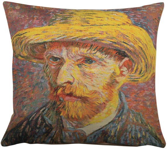 Van Gogh Self Portrait Tapestry Pillow Cover: Belgian Woven Cushion (18x18)