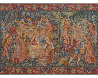Vendange I European Wall Tapestry - Woven Medieval Wall Decor Art - Millefleurs Background Decorative Wall Hanging - French Wall Tapestry