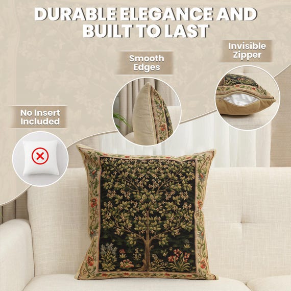 Woven Tree of Life Tapestry Pillow Cover 18x18 - William Morris Art Inspired Beige Cushion
