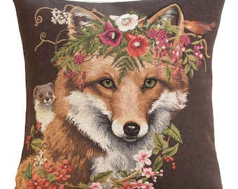 Forest Fox Brown Tapestry Pillow Cover 18x18 Inch - Belgian Woven Cushion Cover - Animal Decorative Throw Pillow for Couch & Sofa