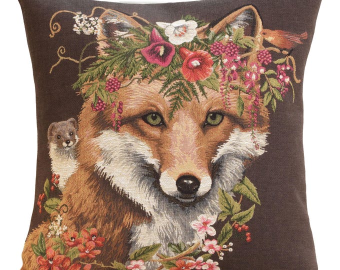 Woven Belgian Tapestry Pillow Cover: Forest Fox Throw Cushion 18x18