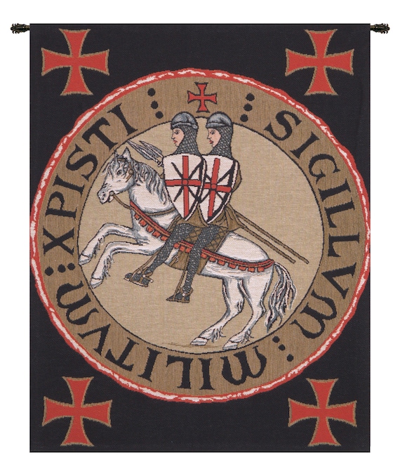 Templar Seal Tapestry: Medieval Knights & Horse, Woven Wall Decor