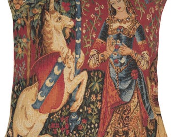 Lady and Unicorn Cushion Cover Medieval Tapestry Woven Jacquard Pillow Case 14x14 in
