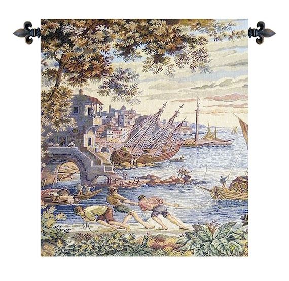 Italian Jacquard Woven Tapestry: Venetian Coastal Landscape Art