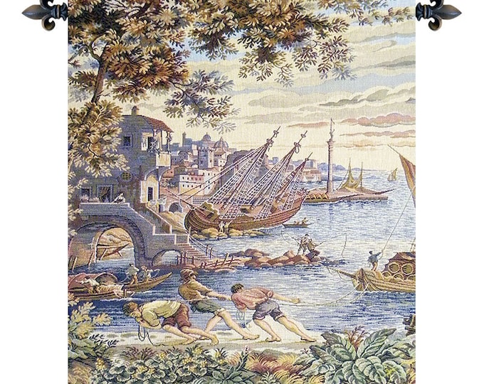 Italian Jacquard Woven Tapestry: Venetian Coastal Landscape Art