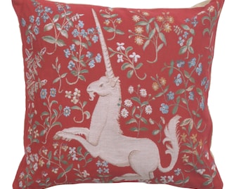 Licorne Fleuri Tapestry Cushion Cover - Medieval Pillow Cover - Unicorn Lover Art European Pillow Cover - 19x19 inch Throw Pillow Cover