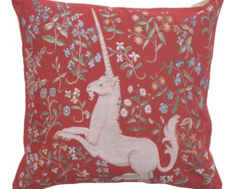 Licorne Fleuri Tapestry Cushion Cover - Medieval Pillow Cover - Unicorn Lover Art European Pillow Cover - 19x19 inch Throw Pillow Cover