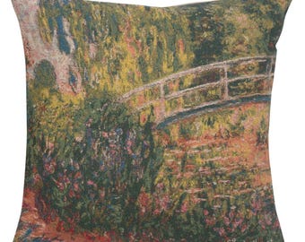 Monet's Japanese Bridge Woven Tapestry Cushion Covers 18x18, Belgian Sofa Pillow Cases Gift For Women, European Decorative Throw Pillows