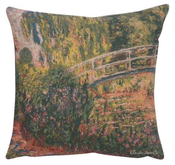 Monet's Japanese Bridge Tapestry Pillow Cover: Belgian Woven Cushion (18x18)