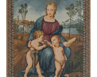 Madonna del Cardellino II European Wall Tapestry - Religious Art Wall Hanging - Woven Italian Wall Tapestry - Mother and Children Wall Art