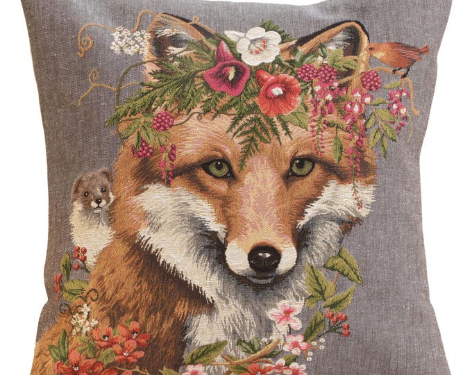 Forest Fox Tapestry Throw Cushion Cover: Grey Belgian Woven Pillow, 18x18 inch