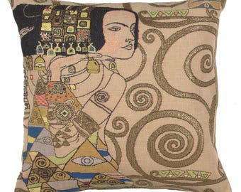 L'Attente - Klimt Jour Tapestry Cushion Cover - Gobelin Throw Pillow Cover - Woven Sofa Pillow Cover - 18x18 inch Decorative Cushion Cover