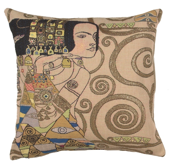 Klimt 'L'Attente' Tapestry Cushion Cover: Woven Art Pillow (18x18 inch)