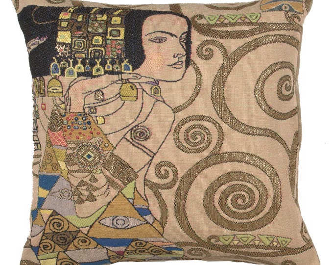 L'Attente - Klimt Jour Tapestry Cushion Cover - Gobelin Throw Pillow Cover - Woven Sofa Pillow Cover - 18x18 inch Decorative Cushion Cover