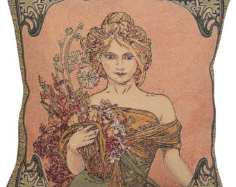 Mucha Spring Season, Gobelin Belgian Tapestry, Throw Pillow Cover, 18x18, Couch Pillow Case, Gift For Women, Tapestry Cushion Cover