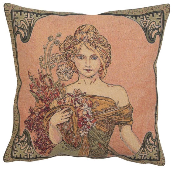 Mucha Spring Tapestry Pillow Cover: Art Nouveau Cushion (18x18)