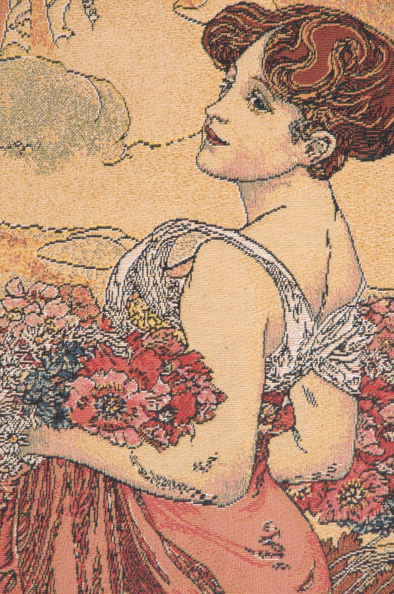 May include: A tapestry featuring a woman with red hair wearing a white dress and holding a bouquet of pink and red flowers. The background is a light beige with a floral pattern.