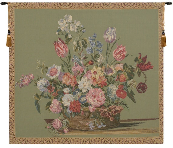 Floral Tapestry: Jacquard Woven Flower Basket, Belgian Wall Art (23x26 inch)