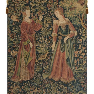 Promenade Left Panel European Wall Tapestry - Medieval Woven Wall Décor Art - Gobelin Wall Hanging - Green Millefleurs Background Wall Art