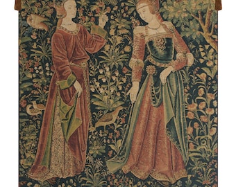 Promenade Left Panel European Wall Tapestry - Medieval Woven Wall Décor Art - Gobelin Wall Hanging - Green Millefleurs Background Wall Art