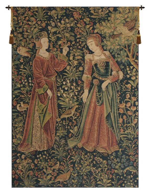 Promenade Left Panel European Wall Tapestry Medieval Woven Wall Decor Art Gobelin Wall Hanging Green Millefleurs Background Wall Art Etsy Canada